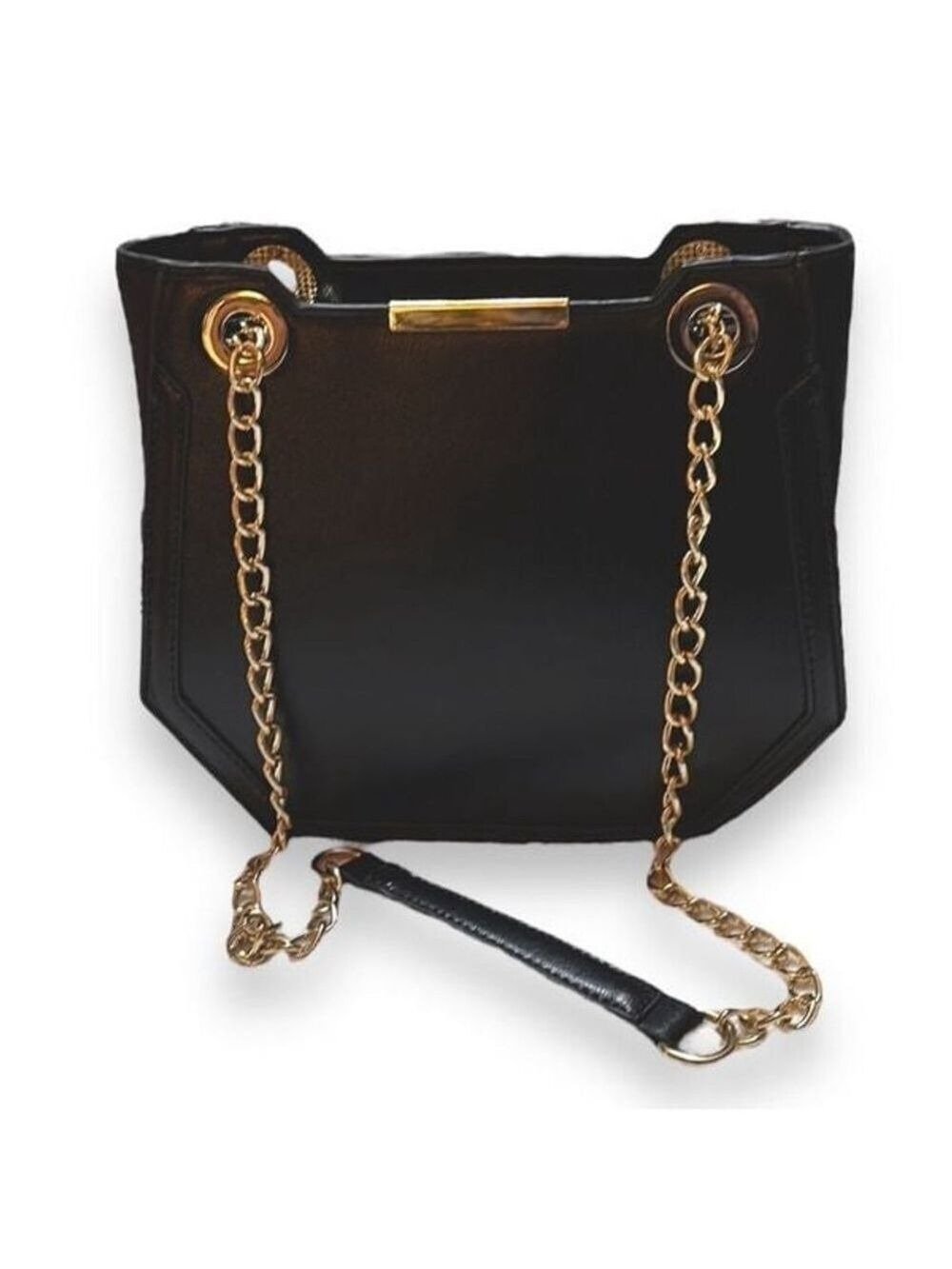Melie Bianco Geometric Vegan Leather Black Shoulder Bag with gold chains